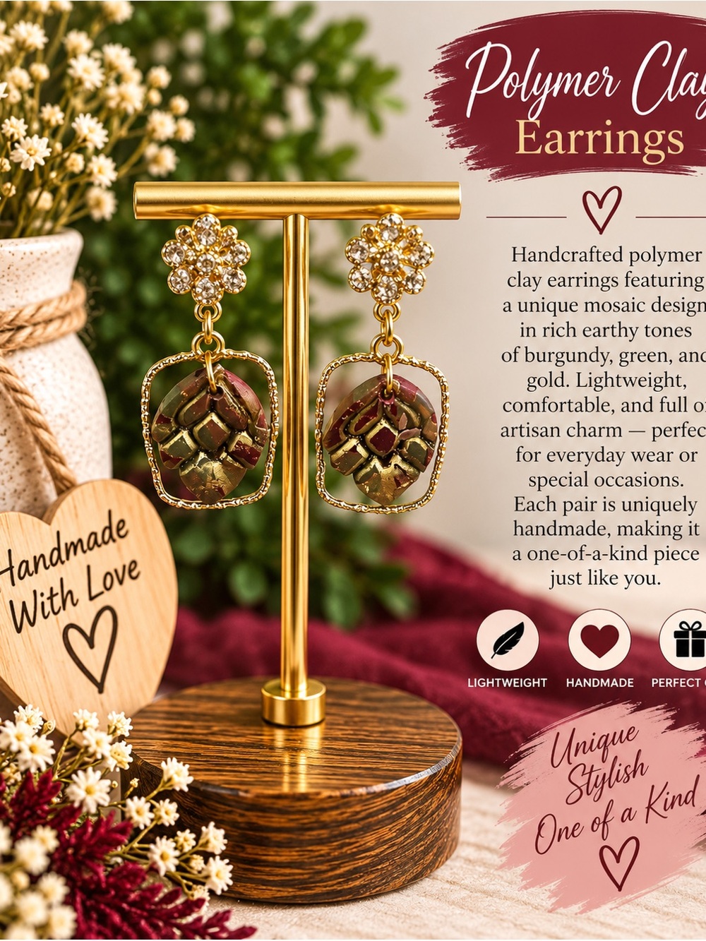 Others Follow Burgundy, Green & Gold Mosaic Dangle Earrings